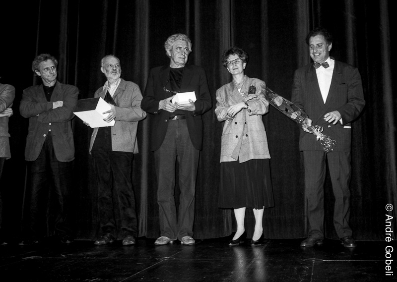 Vladimir Velickovic artiste plasticien, Jan Švankmajer, Bretislav Pojar, réalisateurs, Marie Noëlle Provent maire adjoint centre Bonlieu Festival du film d’Animation Annecy 1990.