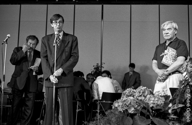 Bernard Bosson maire d'Annecy et Jimmy T. Murakami réalisateur Festival du film d’Animation Annecy 1991.